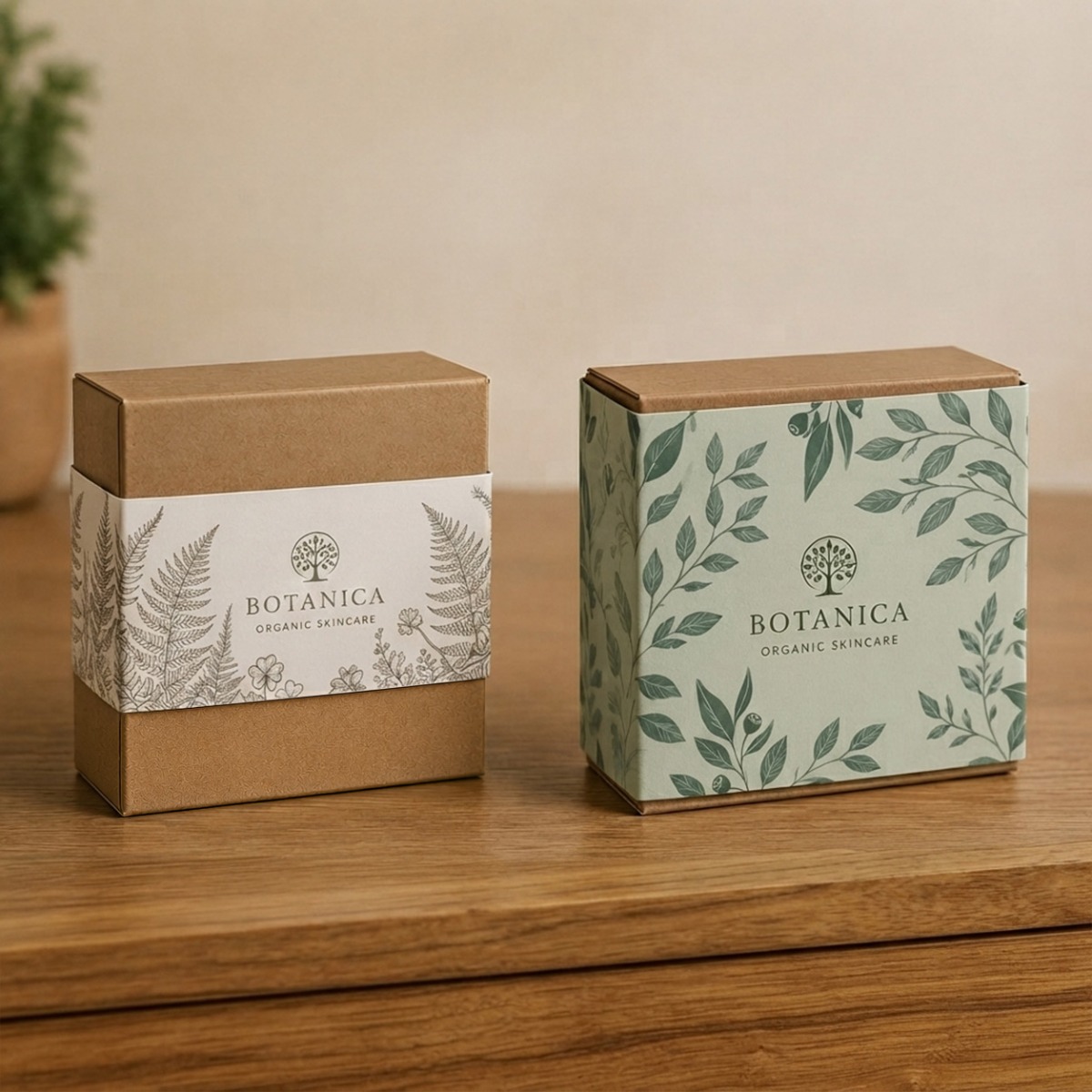 Side-by-side comparison of a belly band wrap and a full box sleeve on identical boxes