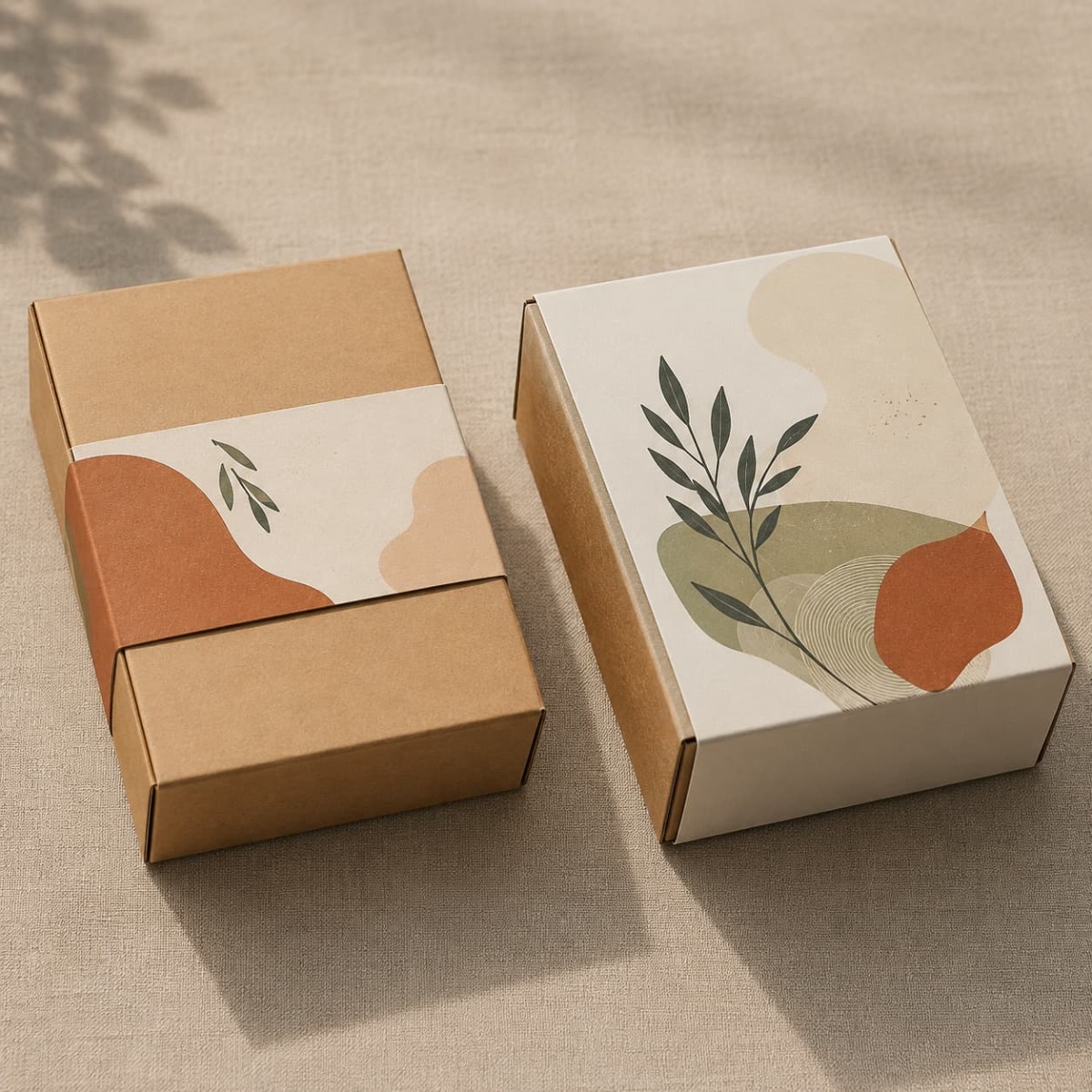 Custom printed belly band next to a full box sleeve, showing partial versus full packaging coverage