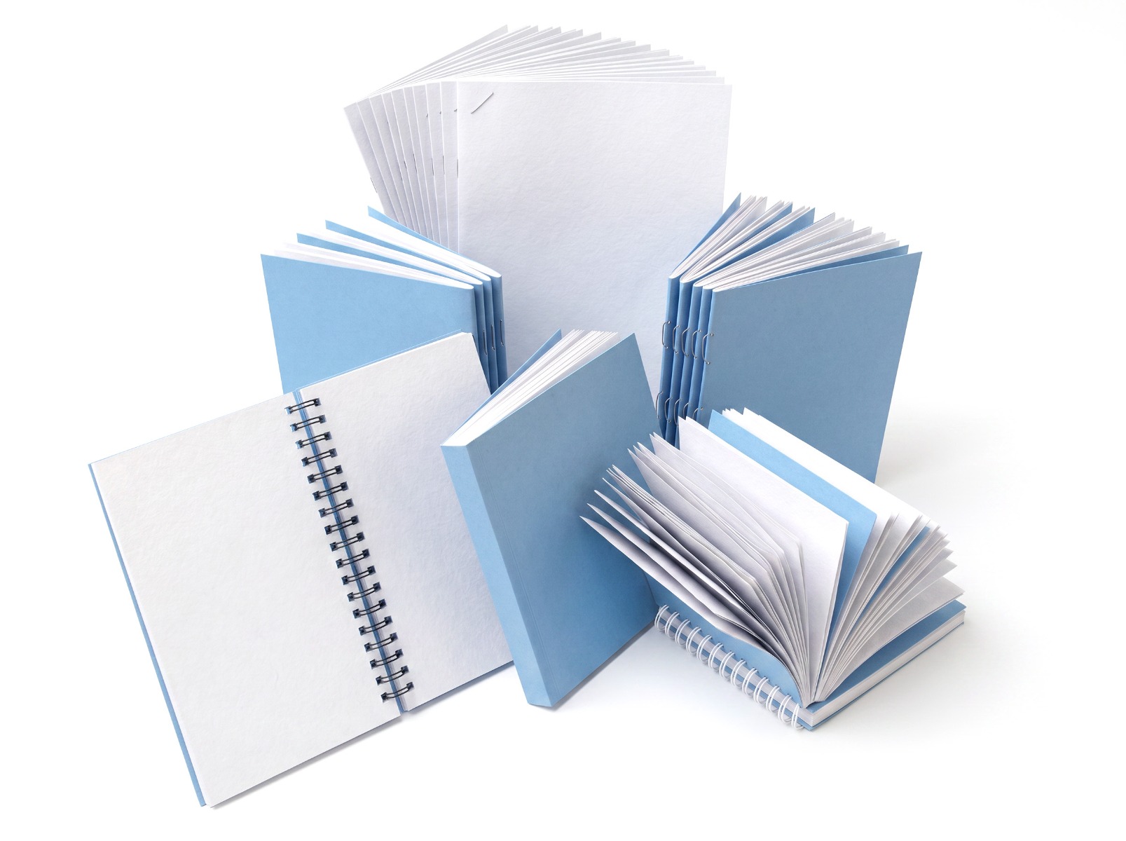 Booklet binding examples: saddle stitch, perfect bound, wire-o, spiral coil