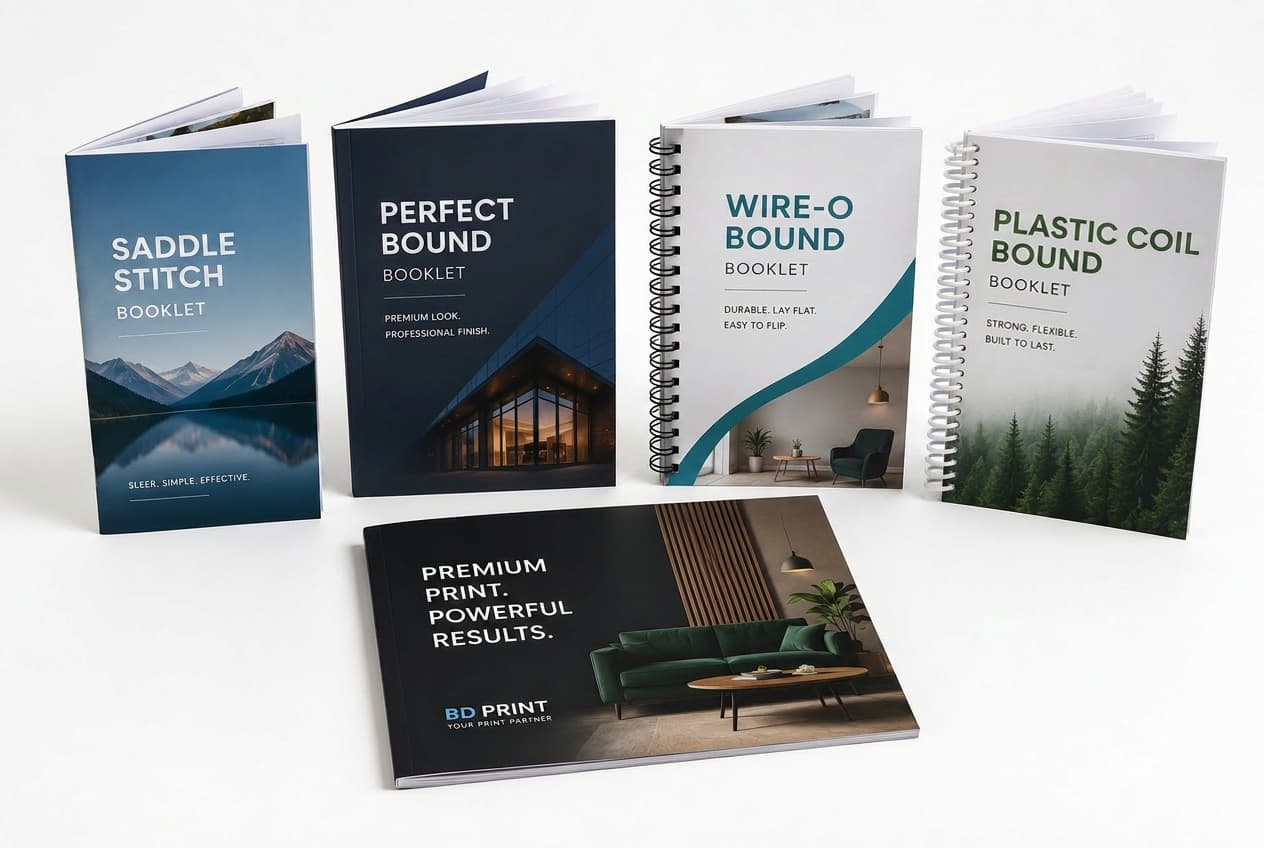 Examples of custom booklet binding options including saddle stitch, perfect bound, wire-o bound, and plastic coil booklets printed by BD Print in Canada