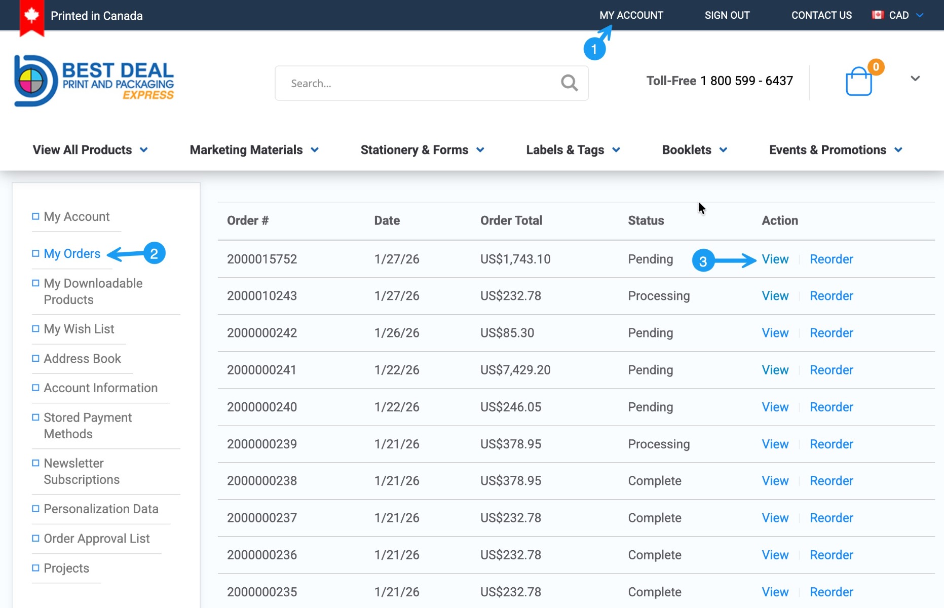 Order email and customer account