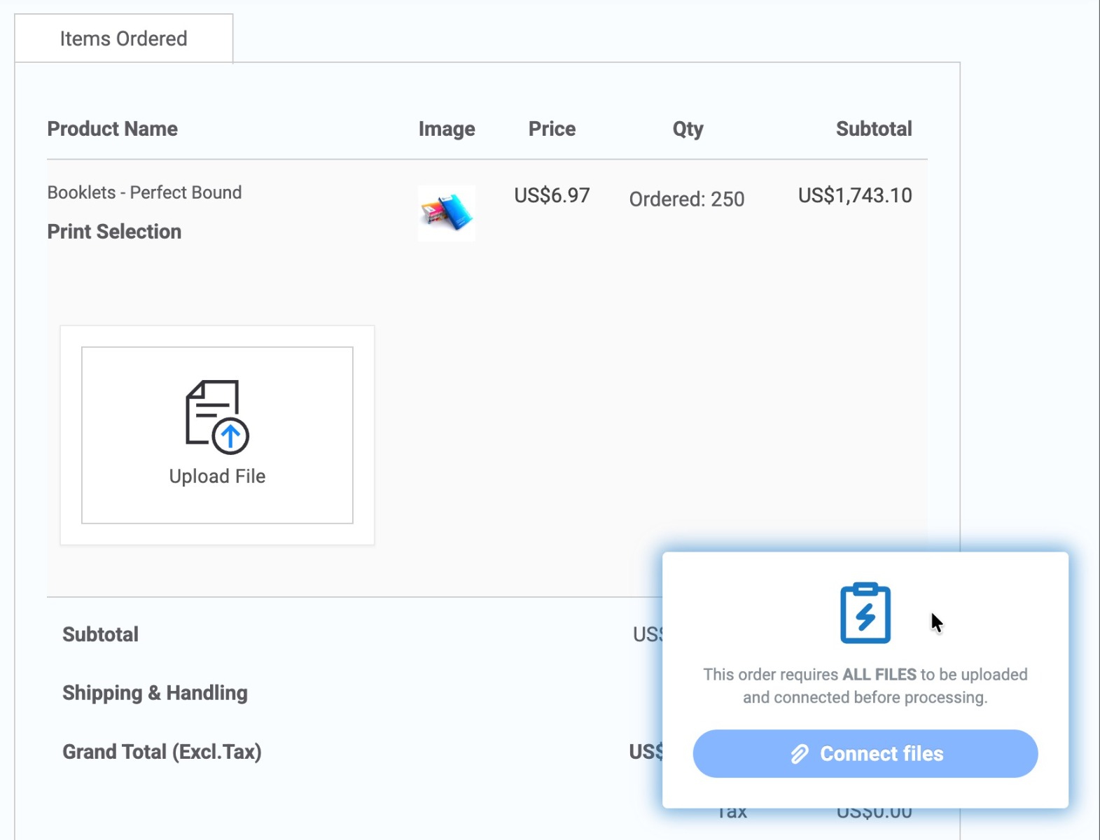 Upload file button on order page