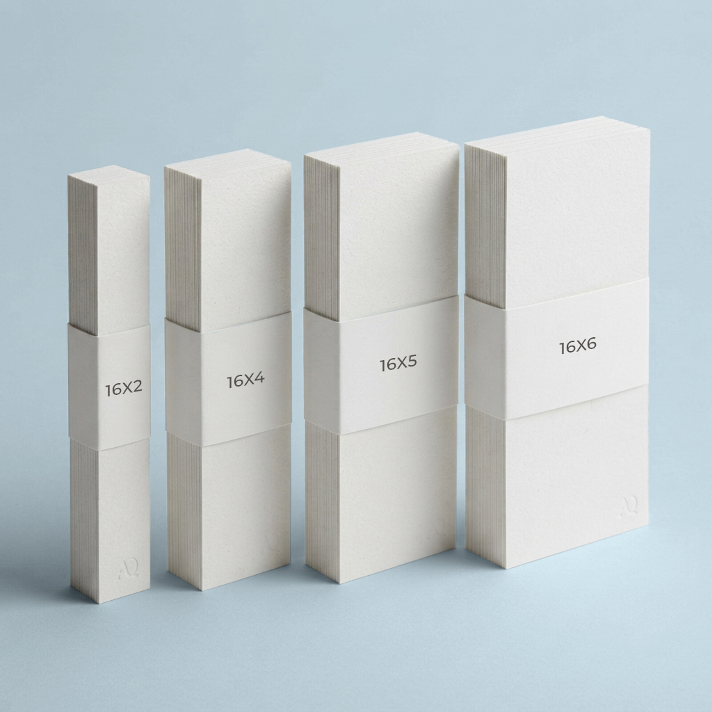Four stacks of belly bands arranged side by side, clearly labeled with their respective dimensions: 16x2, 16x4, 16x5, and 16x6, showcasing the range of available sizes.